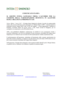 Il Gruppo Intesa Sanpaolo firma l`accordo per la cessione della